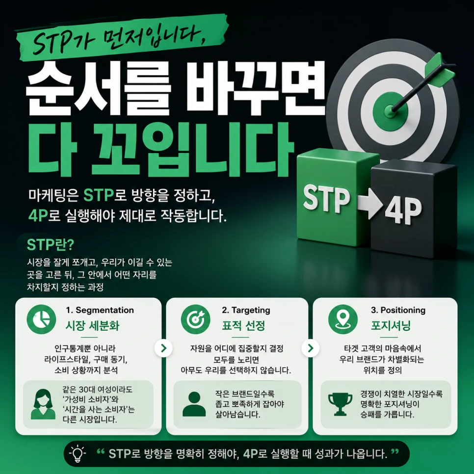 STP 3단계 — 세분화·표적 선정·포지셔닝