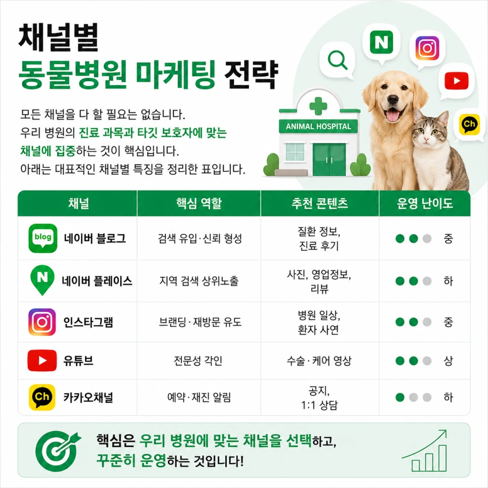 동물병원 마케팅 채널별 역할과 운영 난이도